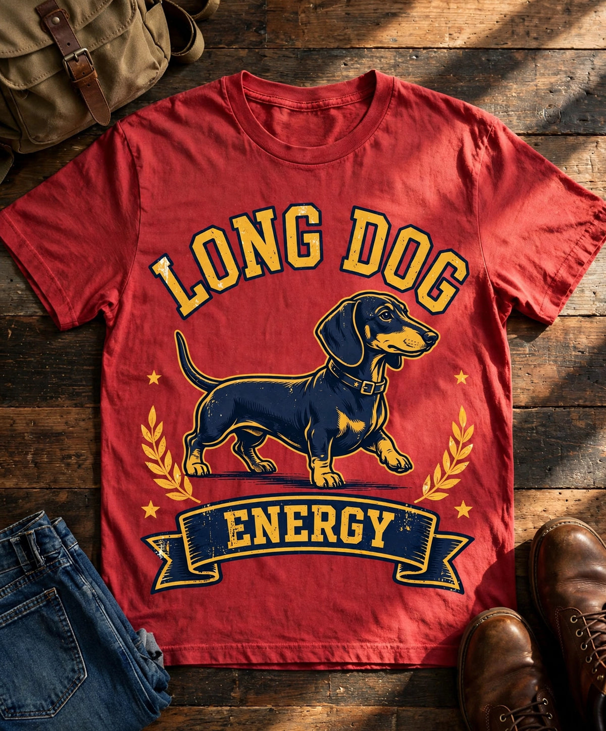 Long Dog Energy Dachshund Tee - Brick flat lay