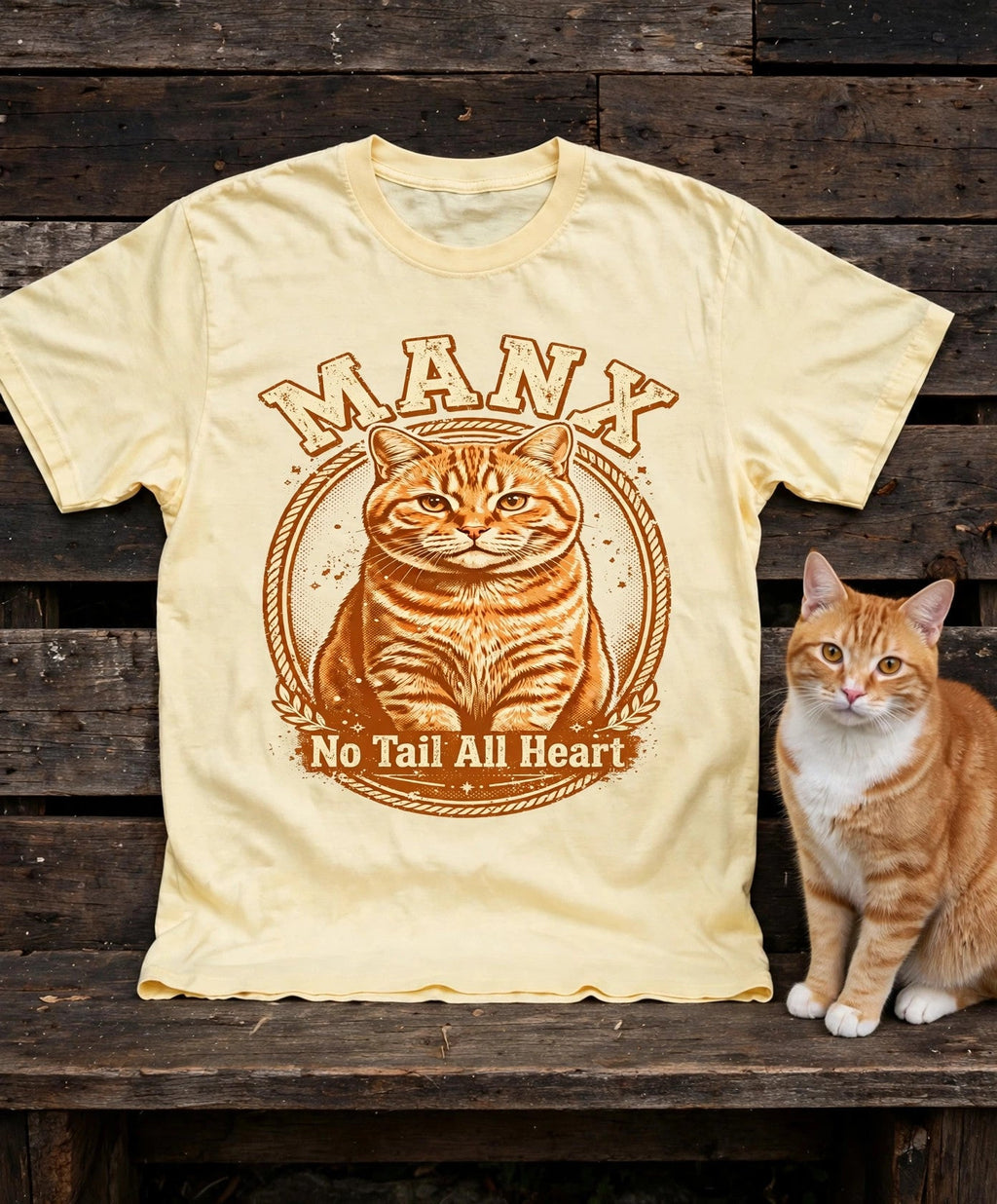 'No Tail All Heart' Manx Cat T-Shirt in Butter