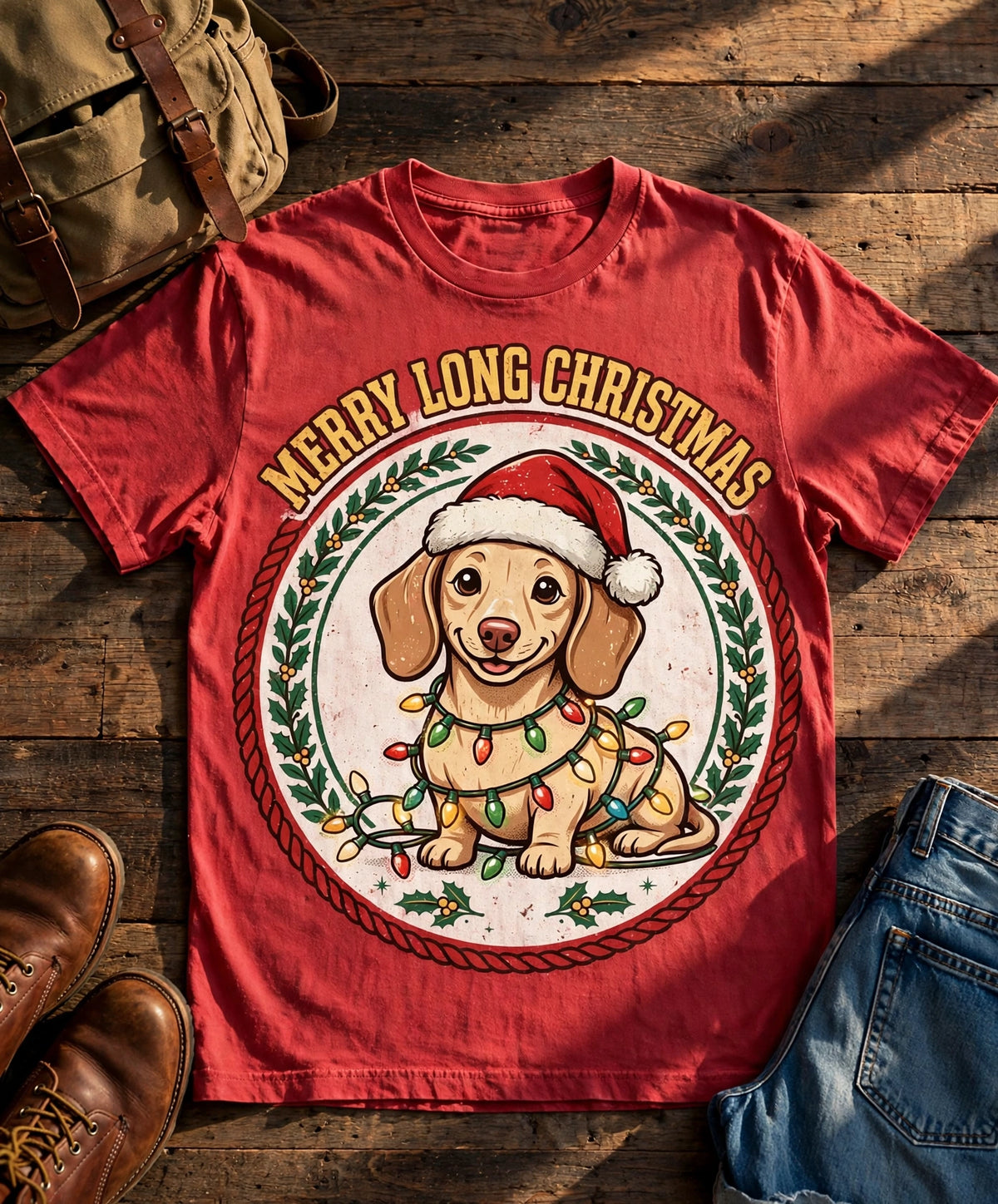 Merry Long Christmas Dachshund Tee - Brick