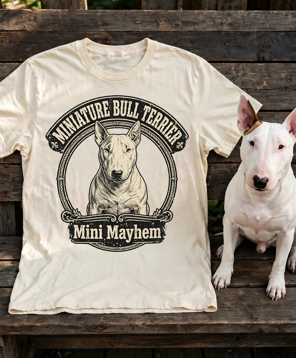 'Mini Mayhem' Miniature Bull Terrier T-Shirt in Butter