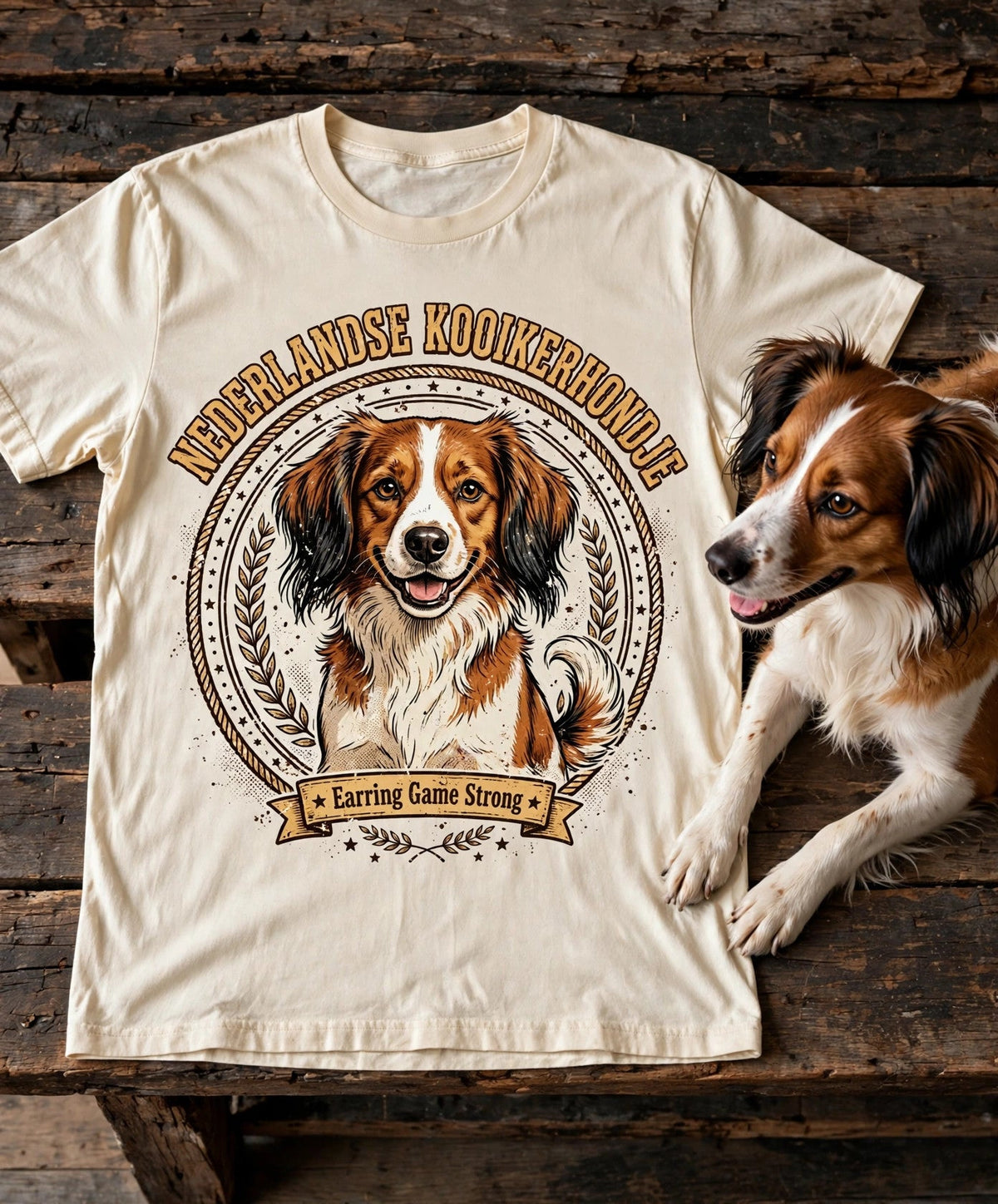 Nederlandse Kooikerhondje Earring Game Strong Tee — Comfort Colors fabric detail