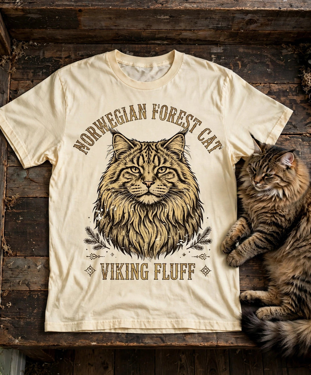 'Viking Fluff' Norwegian Forest Cat T-Shirt in Butter