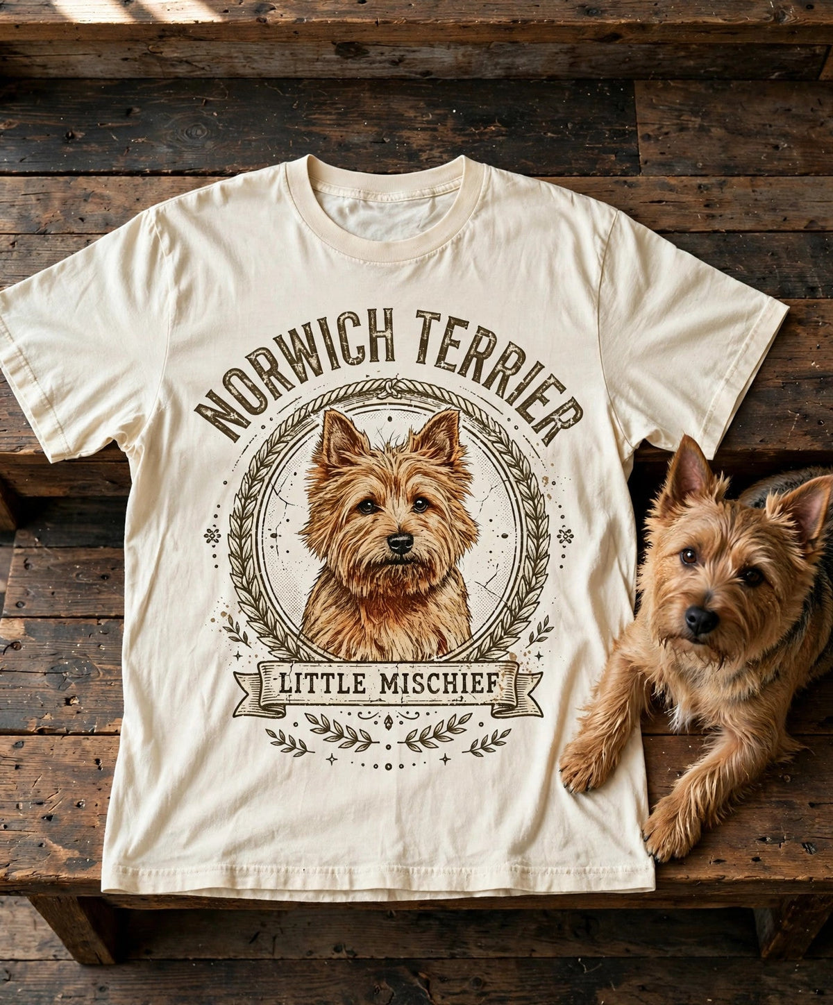 Norwich Terrier Little Mischief Tee — Comfort Colors fabric detail