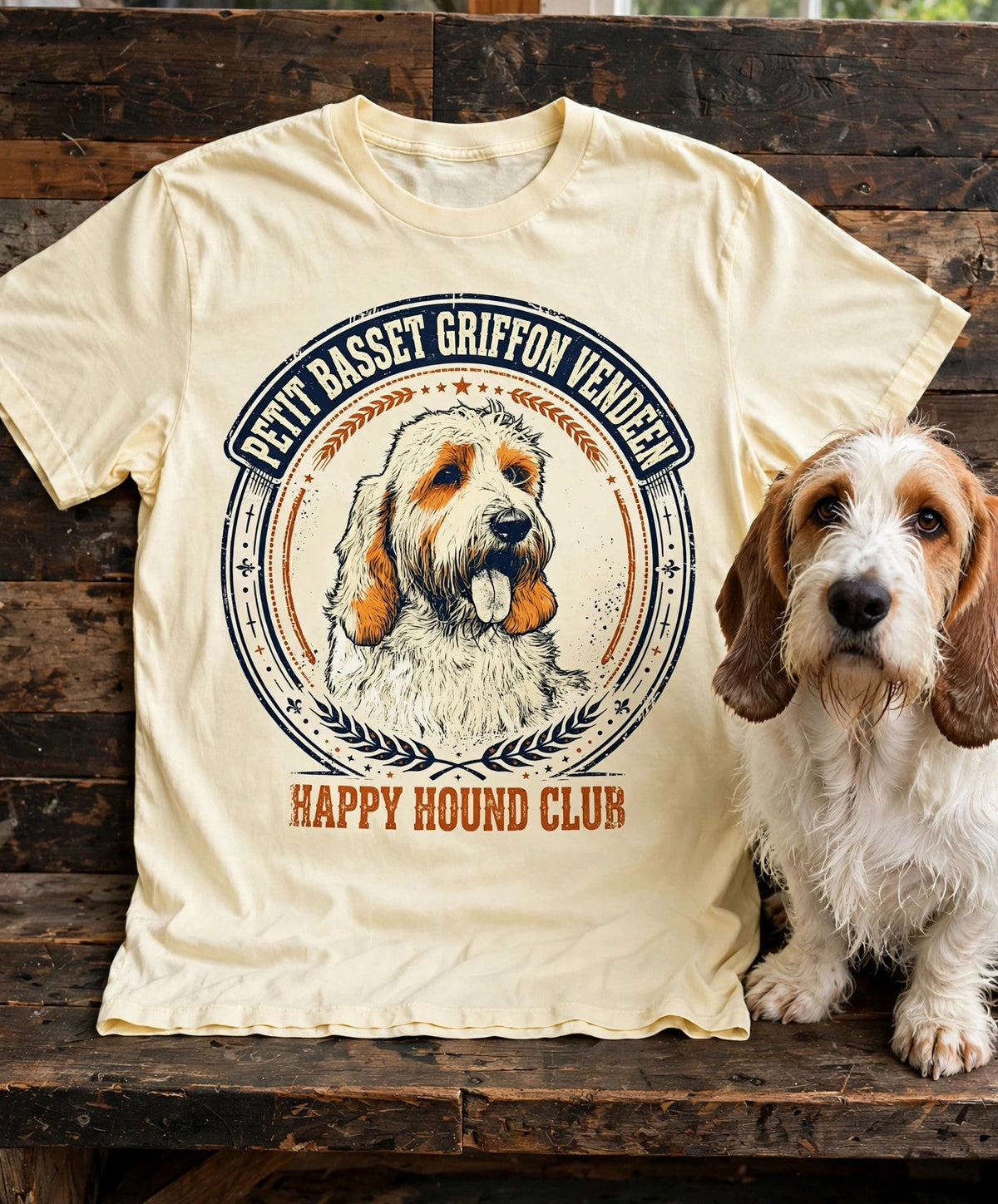 'Basset Happy' Petit Basset Griffon Vendéen T-Shirt in Butter