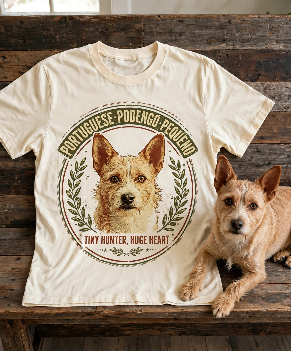 'Podengo Tiny Hunter' Portuguese Podengo Pequeno T-Shirt in Butter