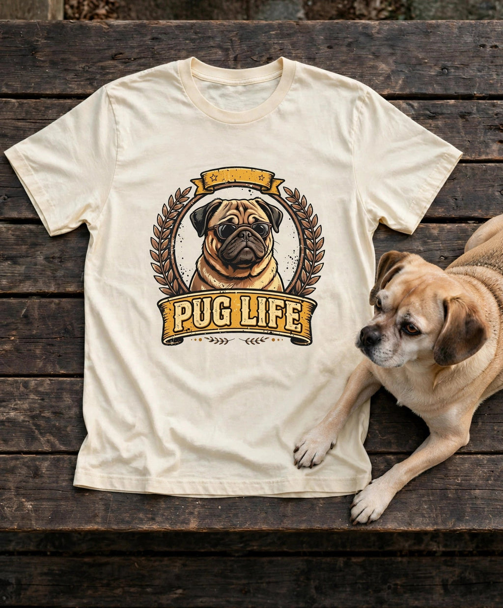 'Pugglee Vintage Dog Graphic' Pug T-Shirt in Butter