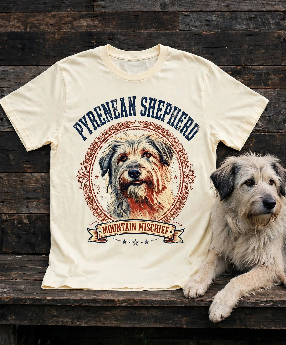 'Mountain Mischief' Pyrenean Shepherd T-Shirt in Butter