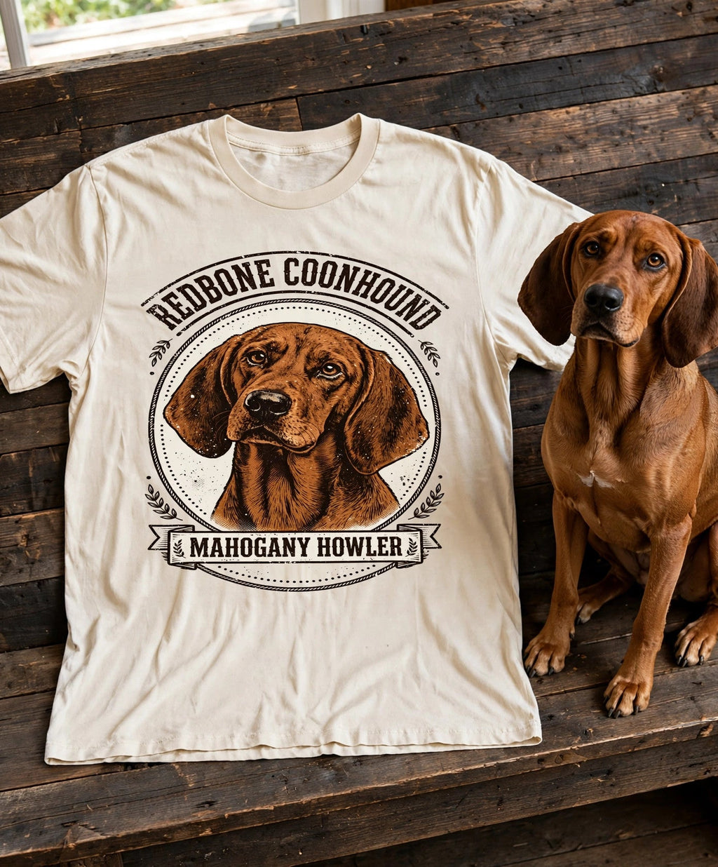 'Mahogany Howler' Redbone Coonhound T-Shirt in Butter