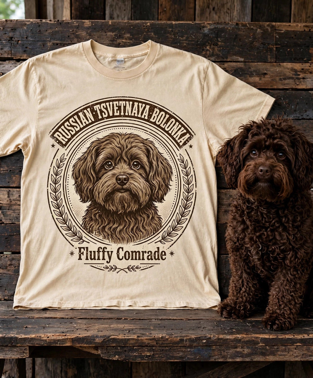 'Fluffy Comrade' Russian Tsvetnaya Bolonka T-Shirt in Butter