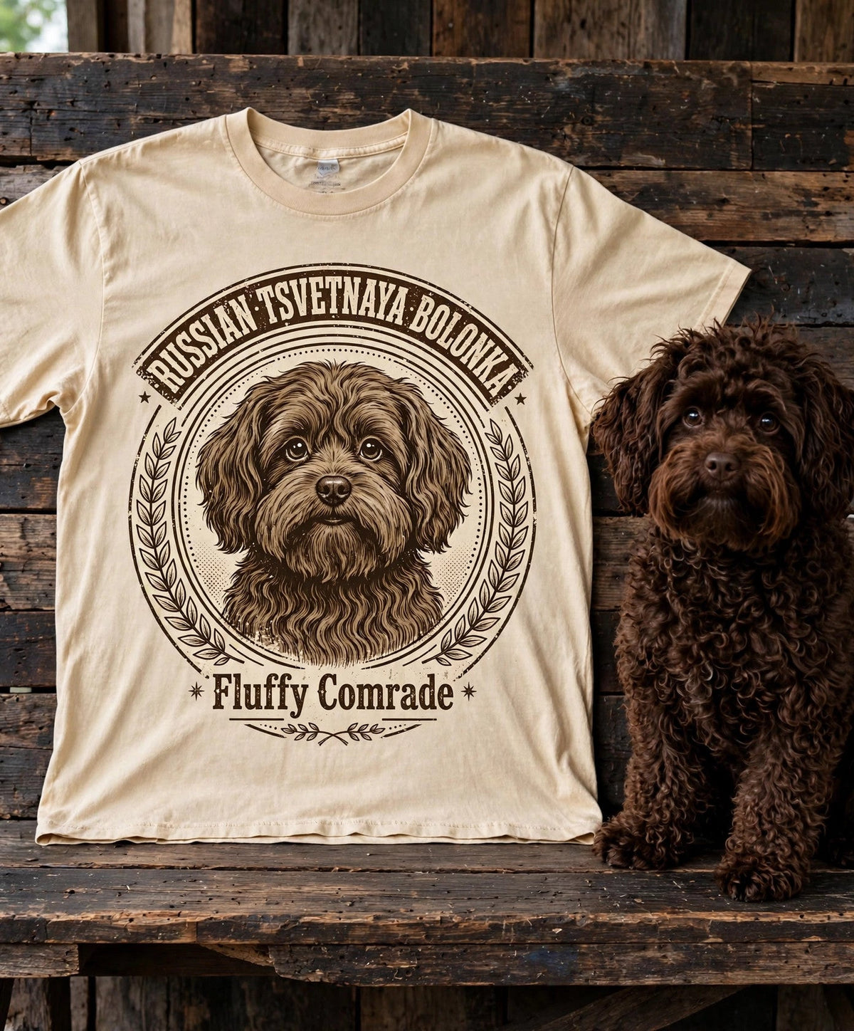 'Fluffy Comrade' Russian Tsvetnaya Bolonka T-Shirt in Butter