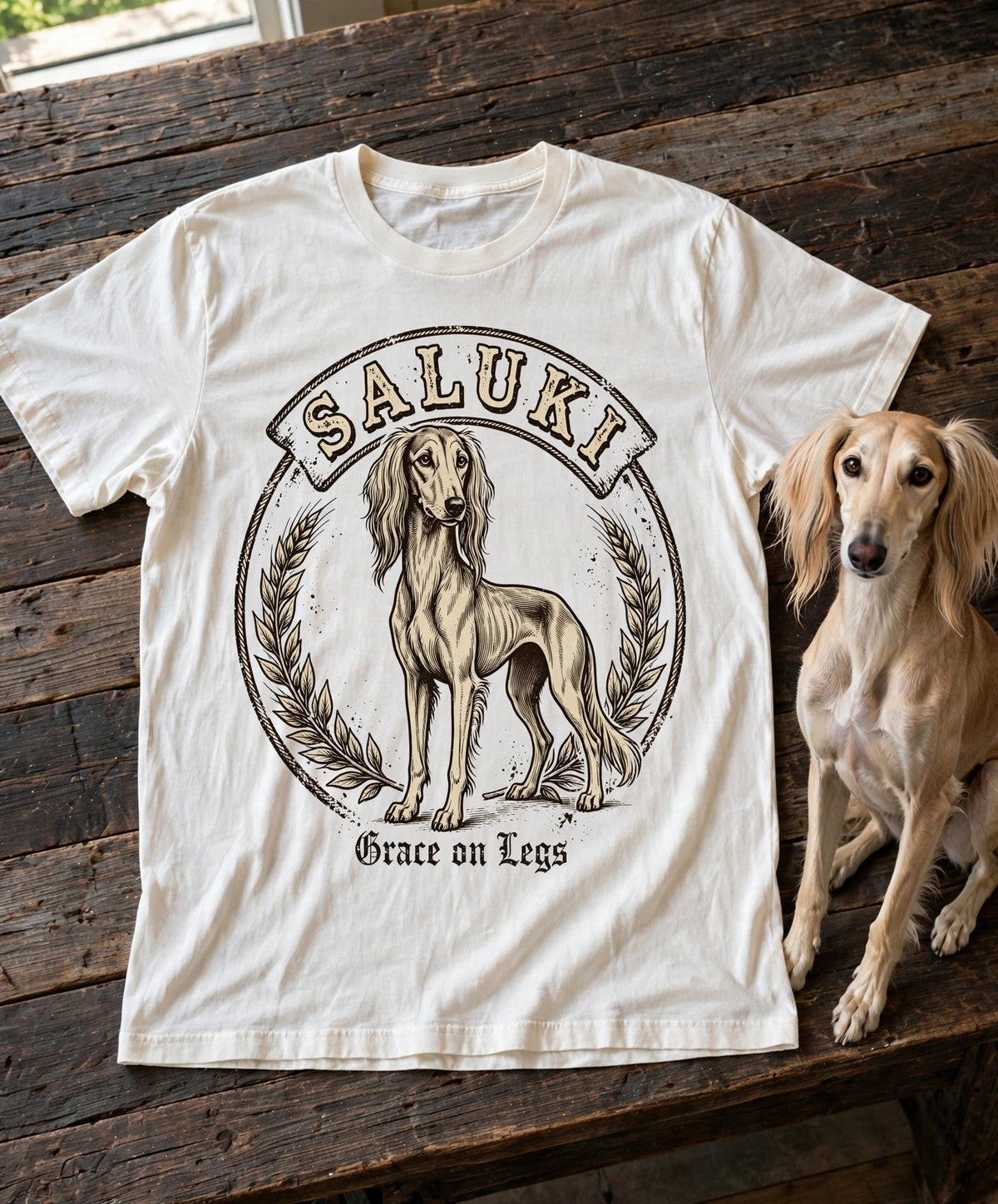 'Grace on Legs' Saluki T-Shirt in Butter