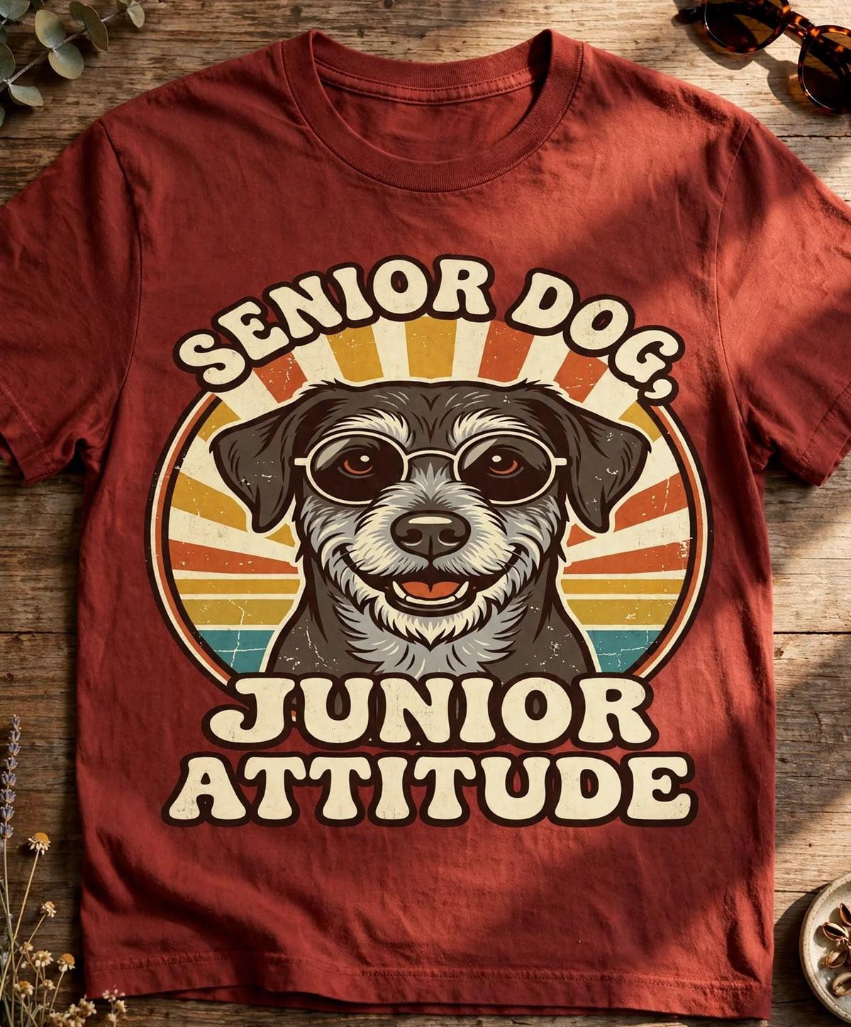 Senior Dog Junior Attitude Tee - Brick flat lay
