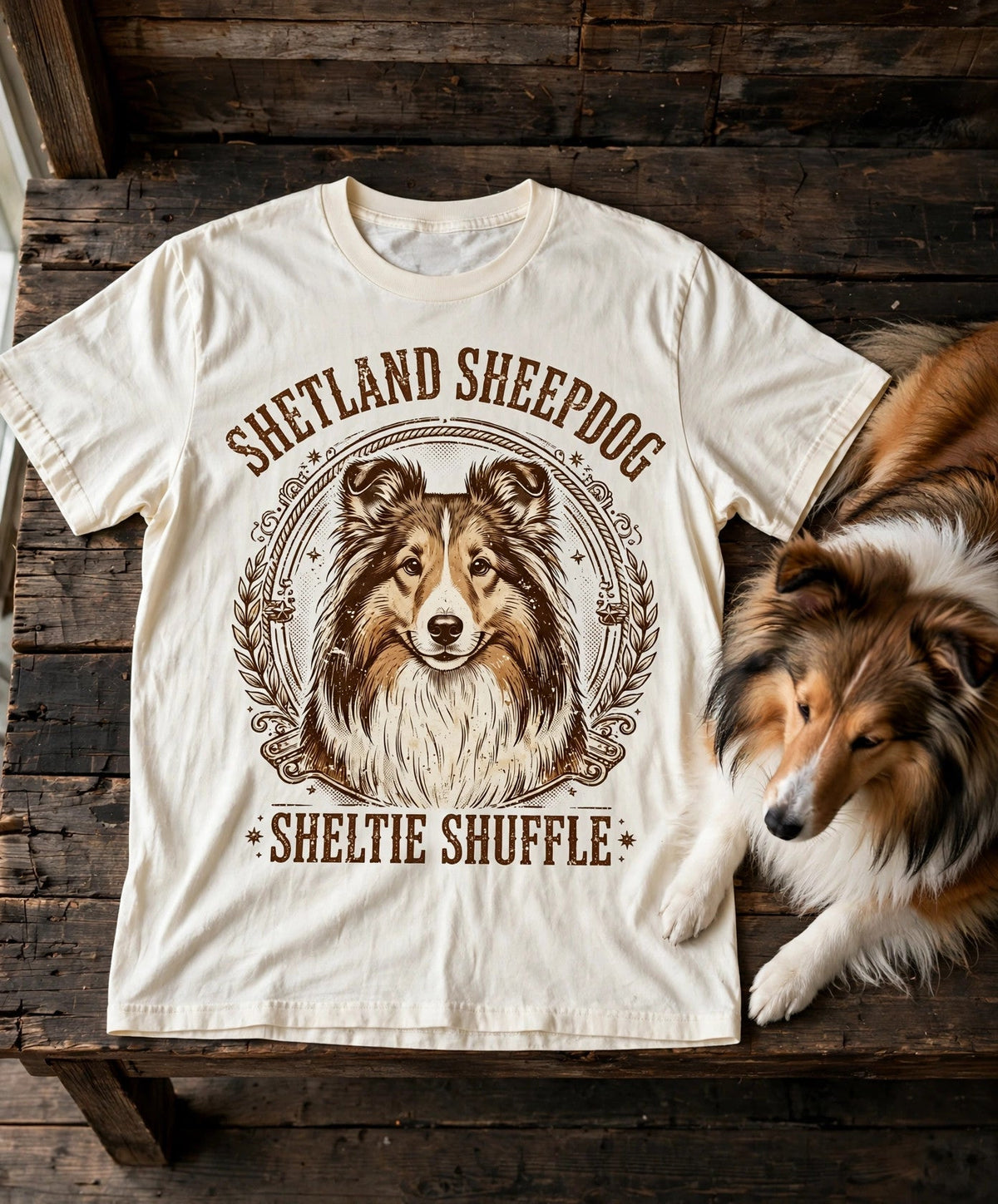 'Sheltie Shuffle' Shetland Sheepdog T-Shirt in Butter