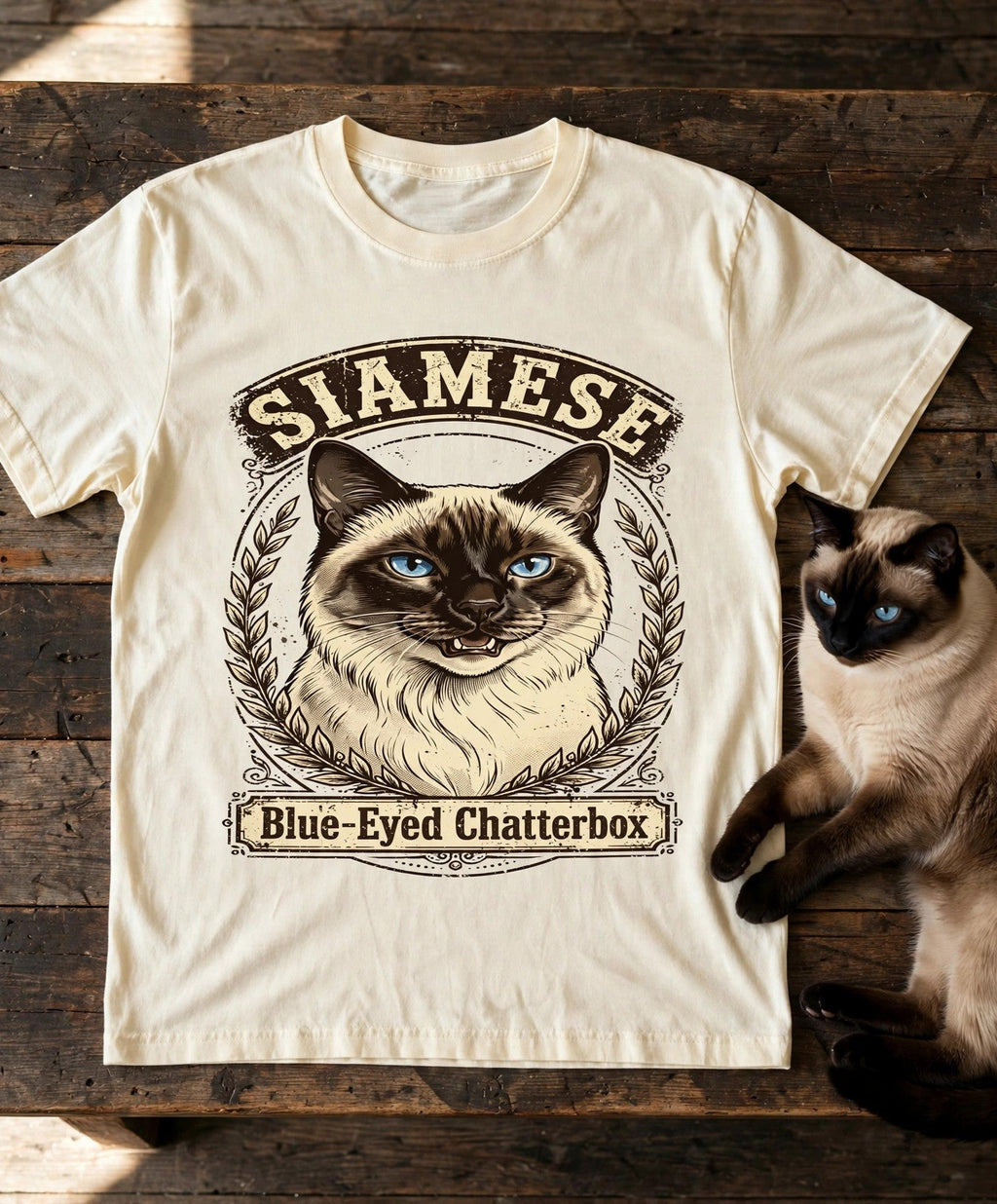 'Blue-Eyed Chatterbox' Siamese Cat T-Shirt in Butter