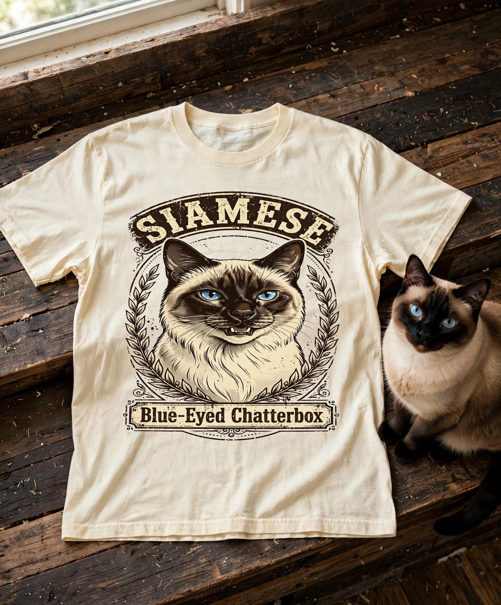 'Blue-Eyed Chatterbox' Siamese Cat T-Shirt — alternate view