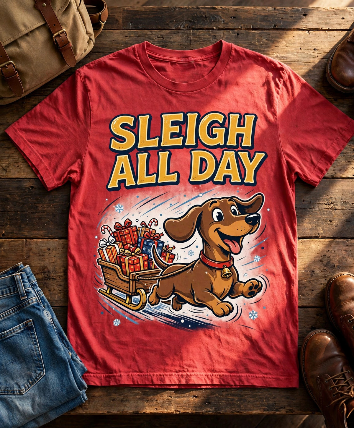 Sleigh All Day Dachshund Tee - Brick
