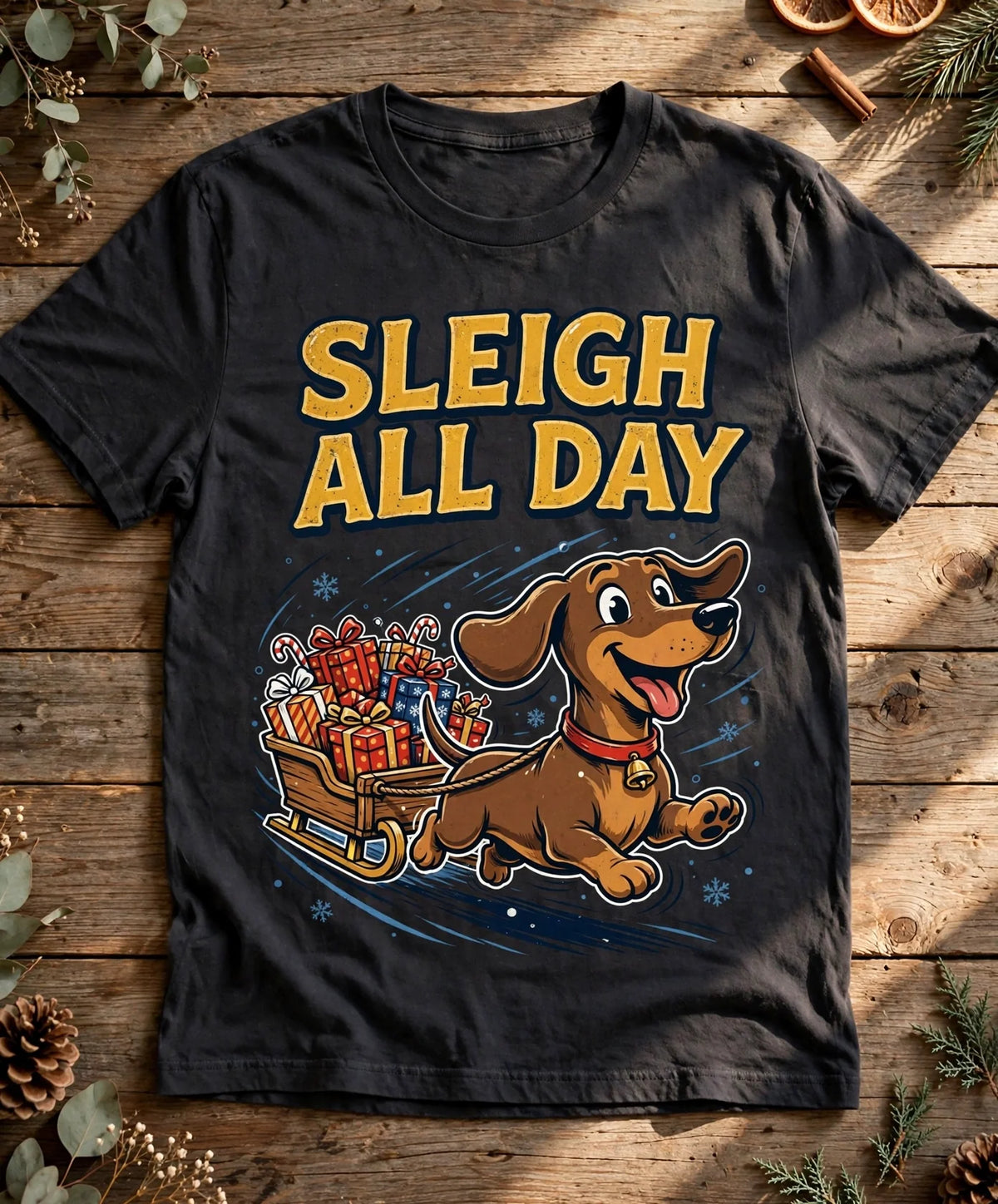 Sleigh All Day Dachshund Tee - Pepper flat lay