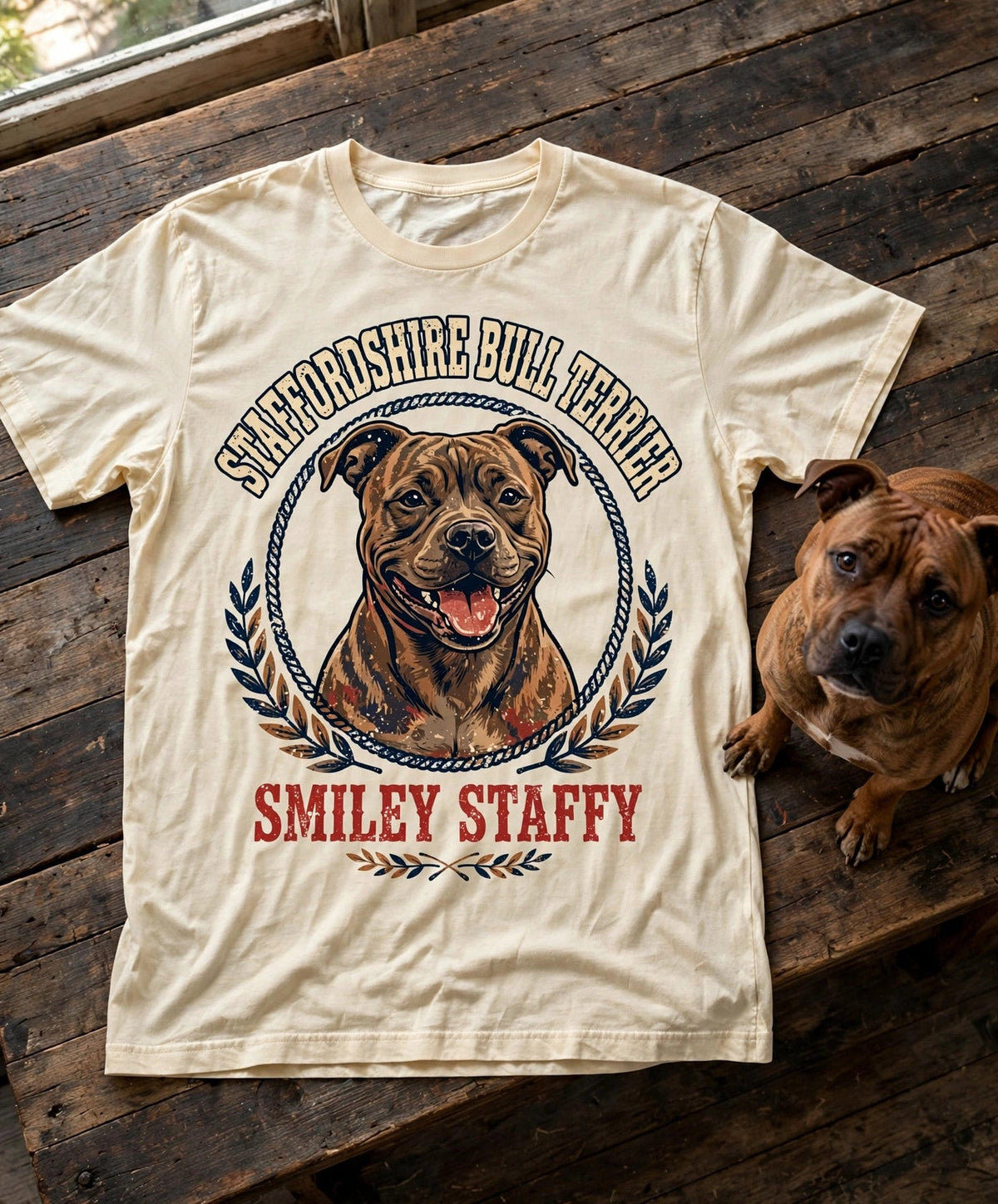 'Smiley Staffy' Staffordshire Bull Terrier T-Shirt in Butter