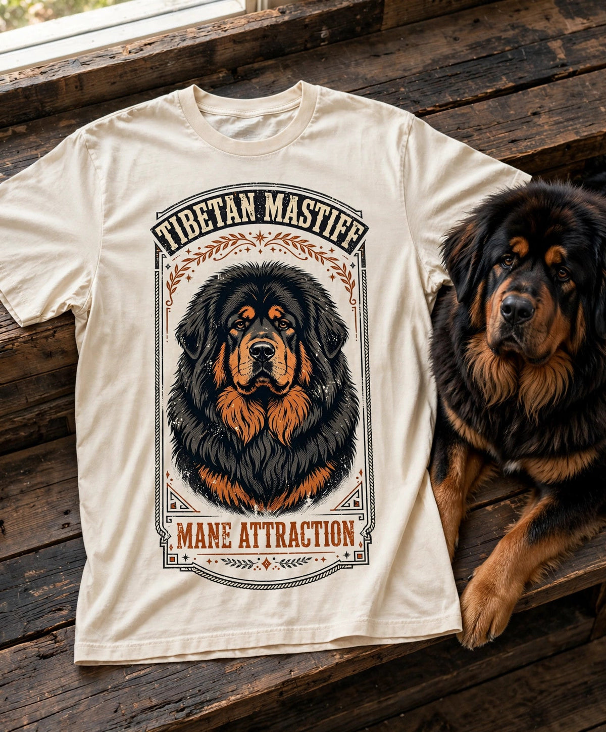 'Mane Attraction' Tibetan Mastiff T-Shirt in Butter