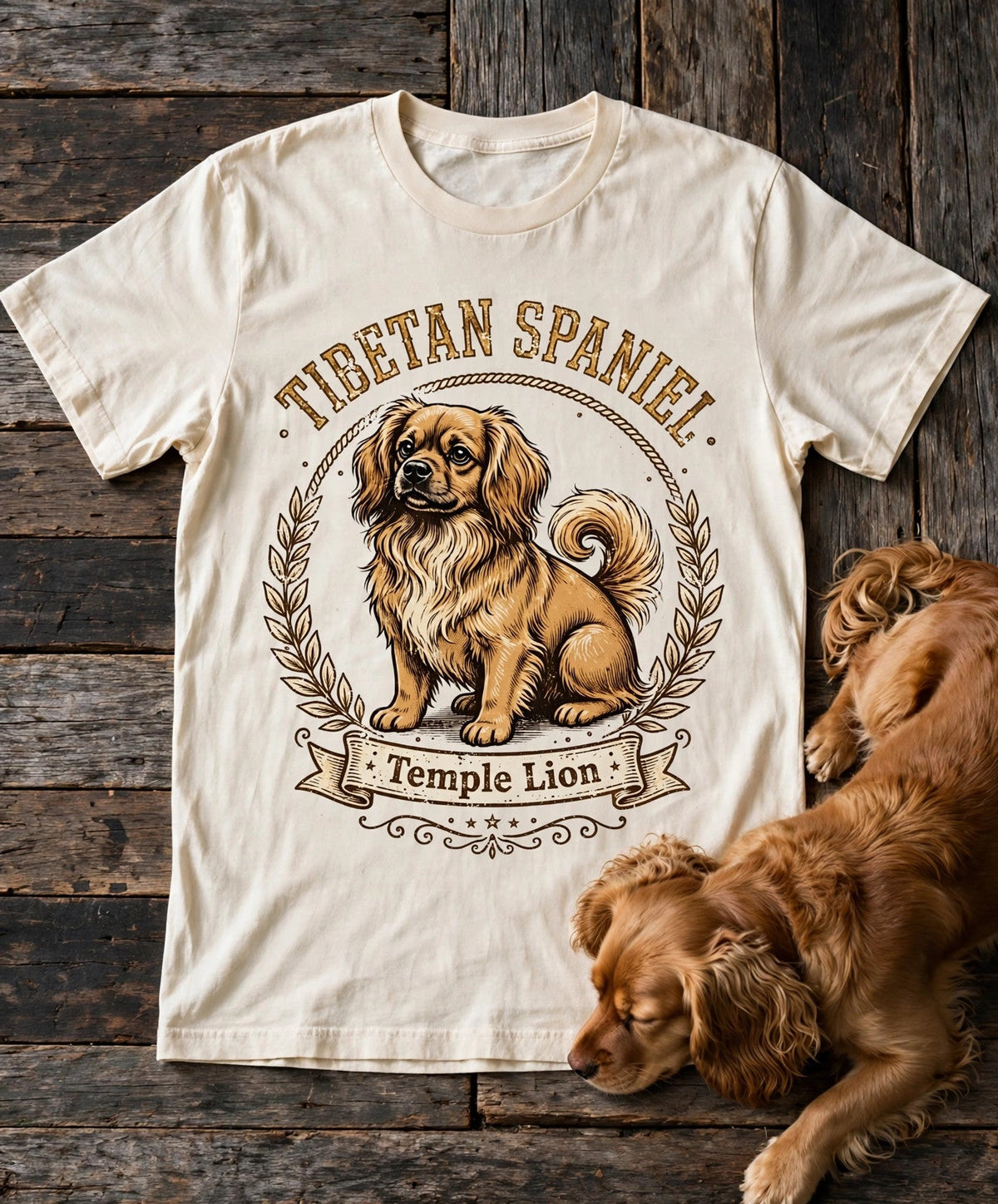 'Temple Lion' Tibetan Spaniel T-Shirt in Butter