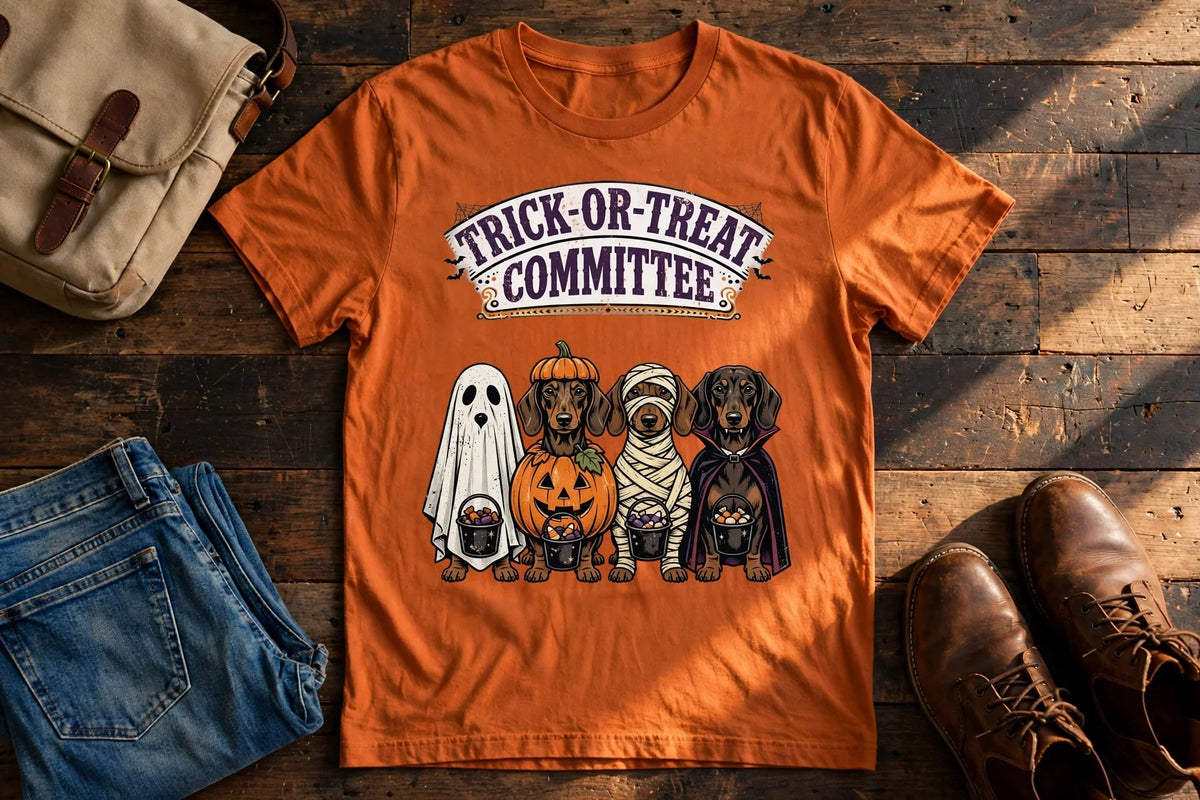 Dachshund Trick-or-Treat Committee – Halloween Tee — Comfort Colors fabric detail