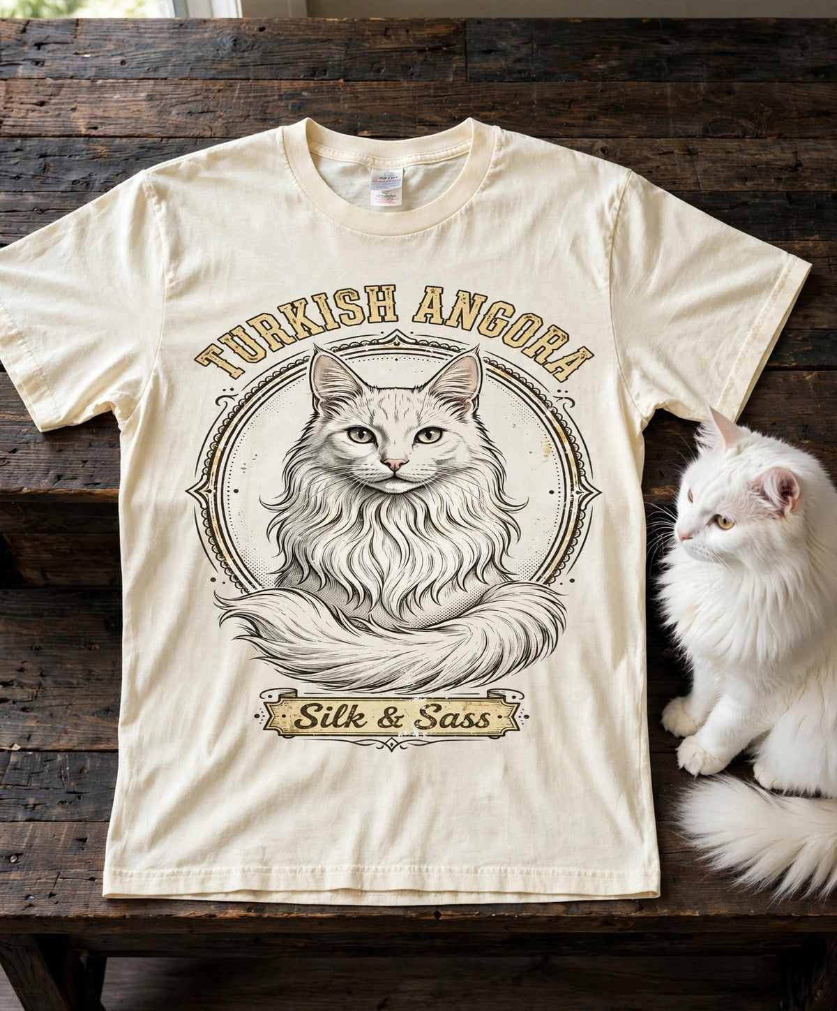 'Silk & Sass' Turkish Angora Cat T-Shirt in Butter