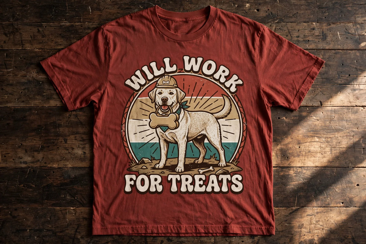 Will Work for Treats Labrador Tee - Brick flat lay