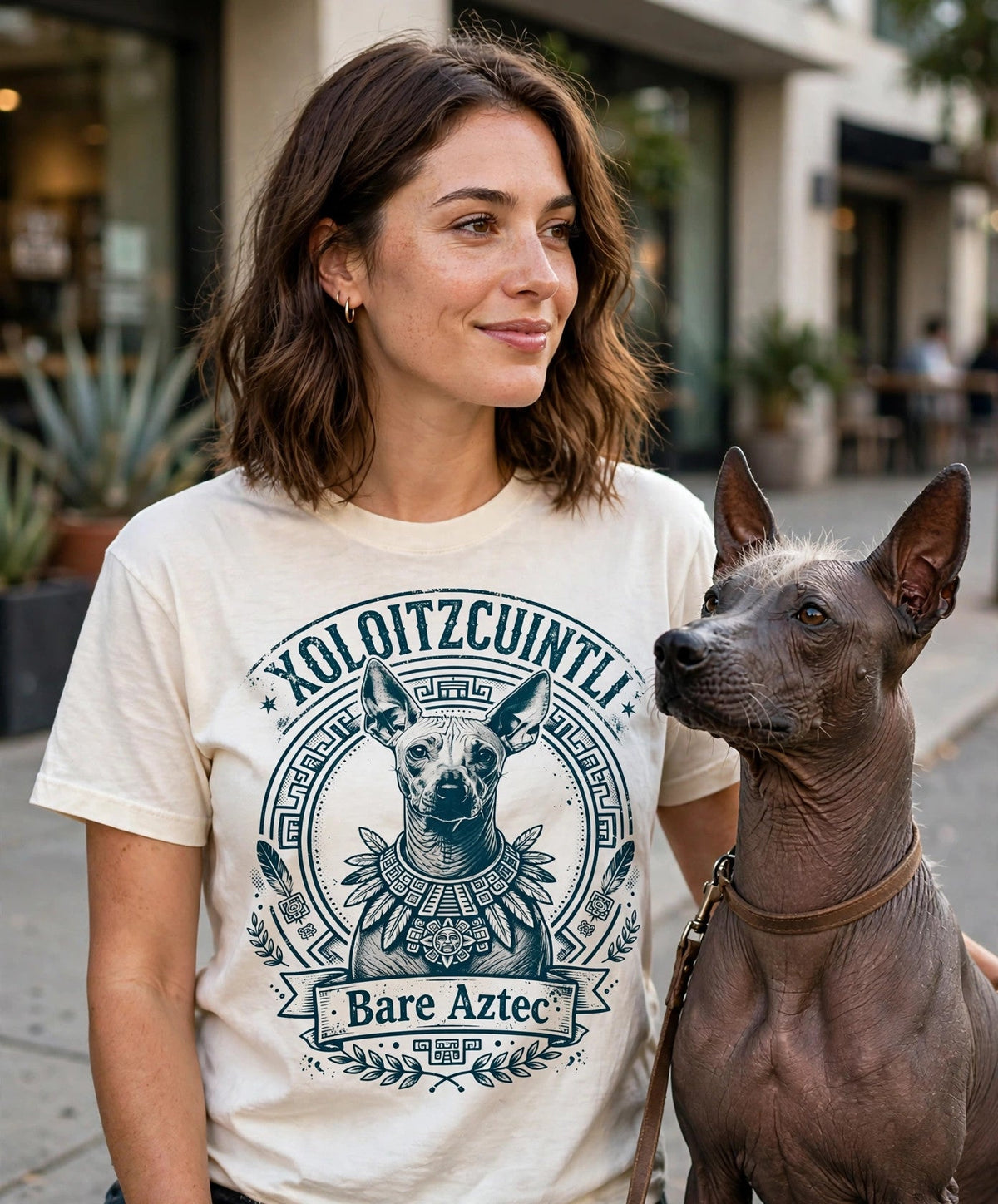 'Bare Aztec' Xoloitzcuintli T-Shirt in Butter
