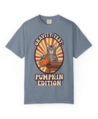 Cat Gravity Test Pumpkin Edition Halloween Tee - Blue Jean Mockup