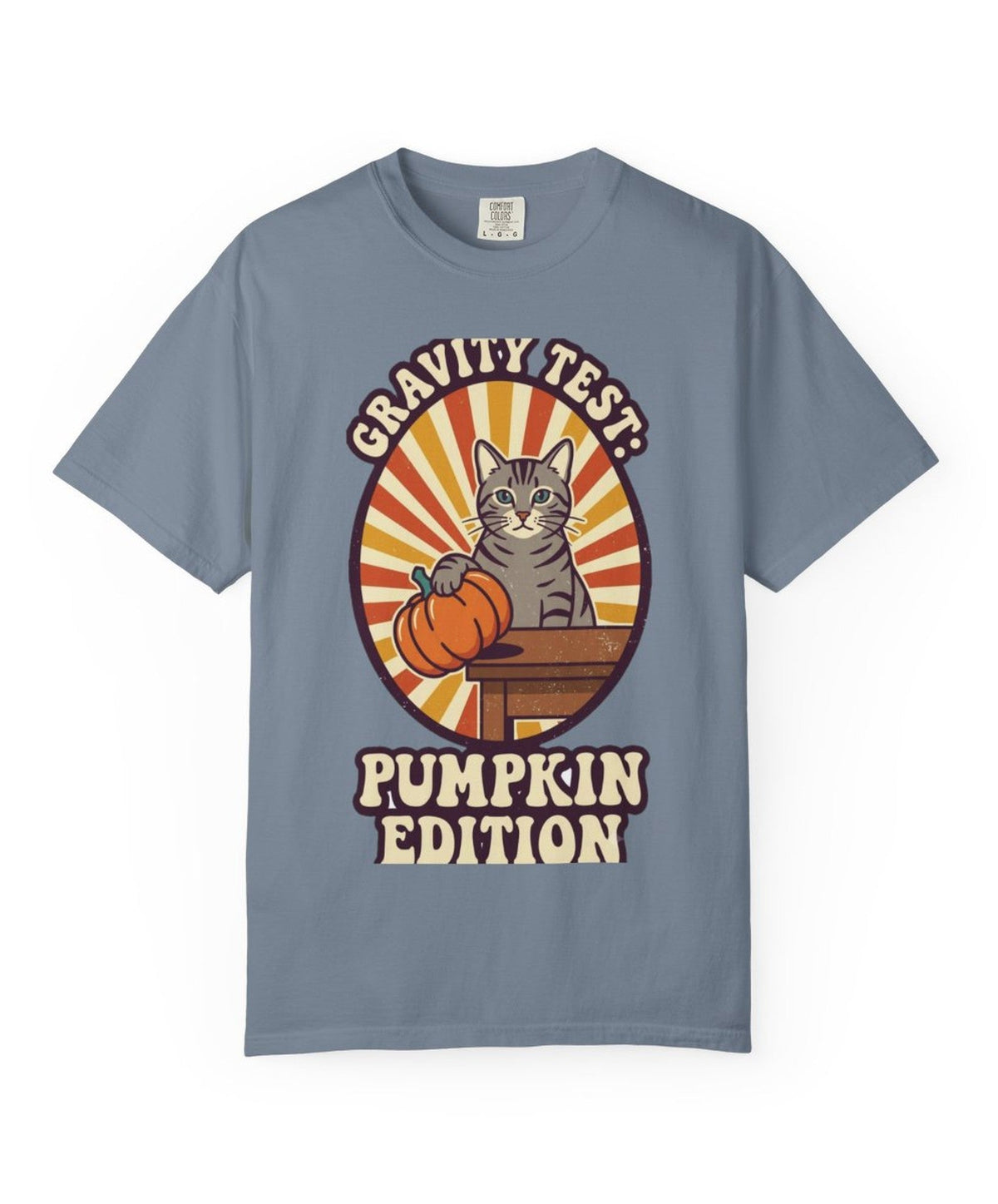 Cat Gravity Test Pumpkin Edition Halloween Tee - Blue Jean Mockup