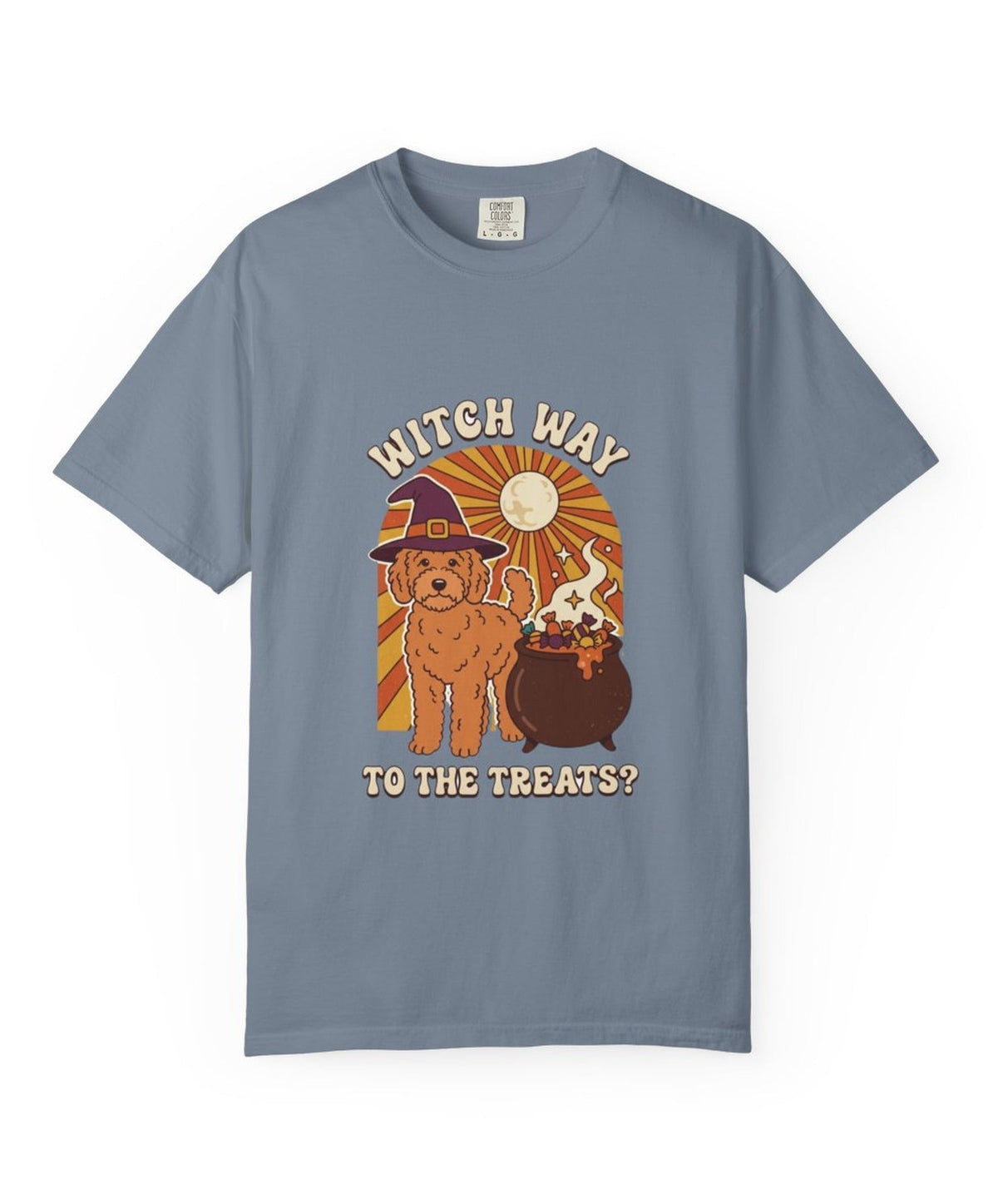 Goldendoodle Witch Way to the Treats Halloween Tee - Blue Jean