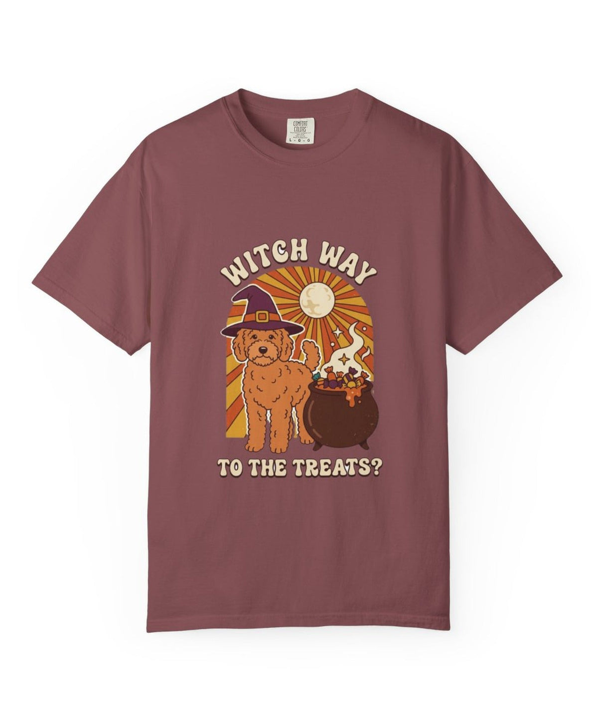 Goldendoodle Witch Way to the Treats Halloween Tee - Brick