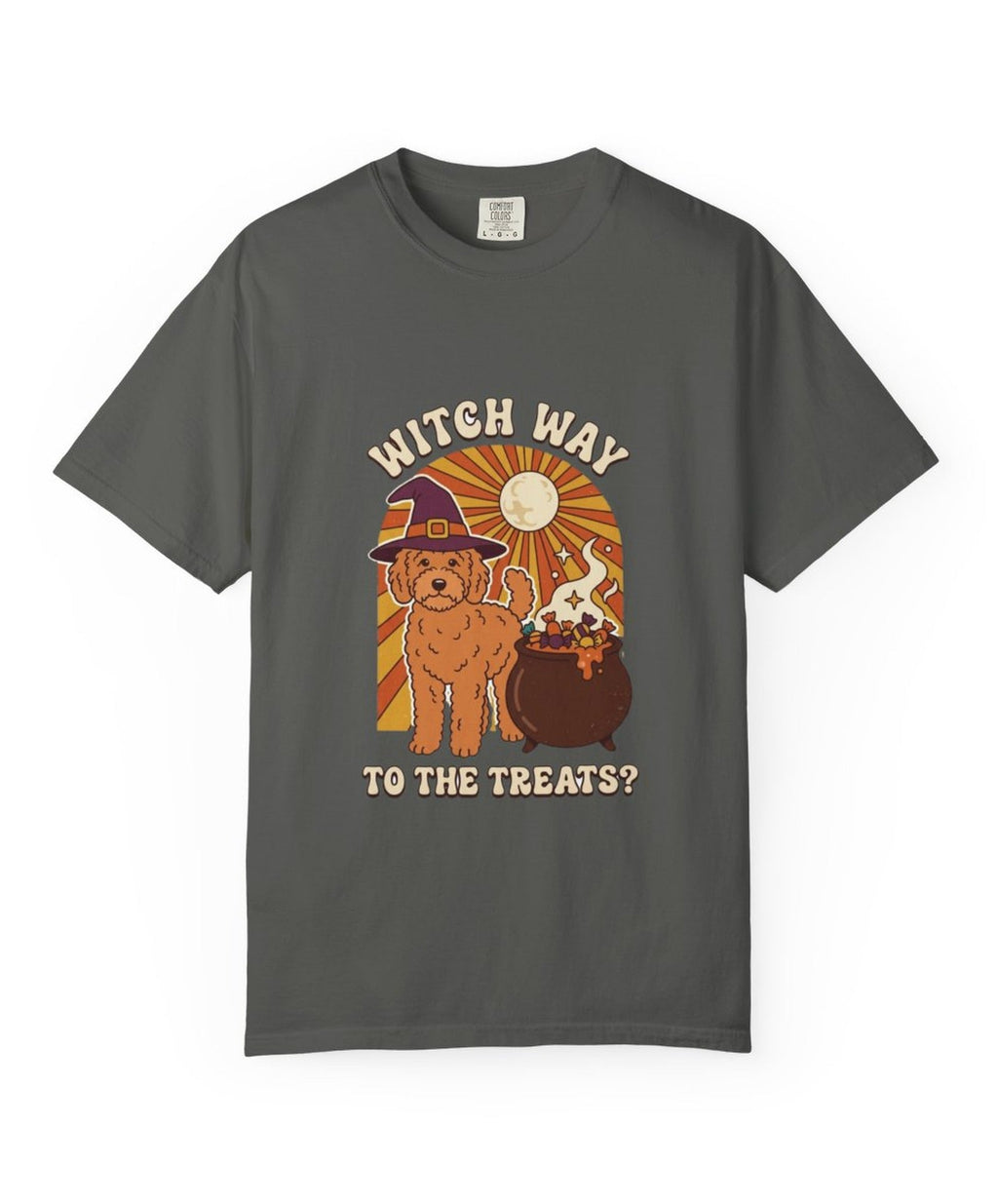Goldendoodle Witch Way to the Treats Halloween Tee - Pepper