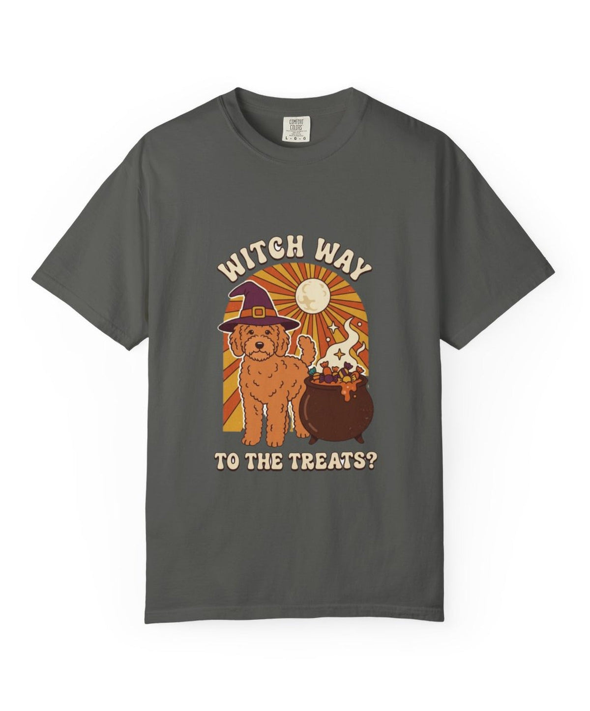 Goldendoodle Witch Way to the Treats Halloween Tee - Pepper