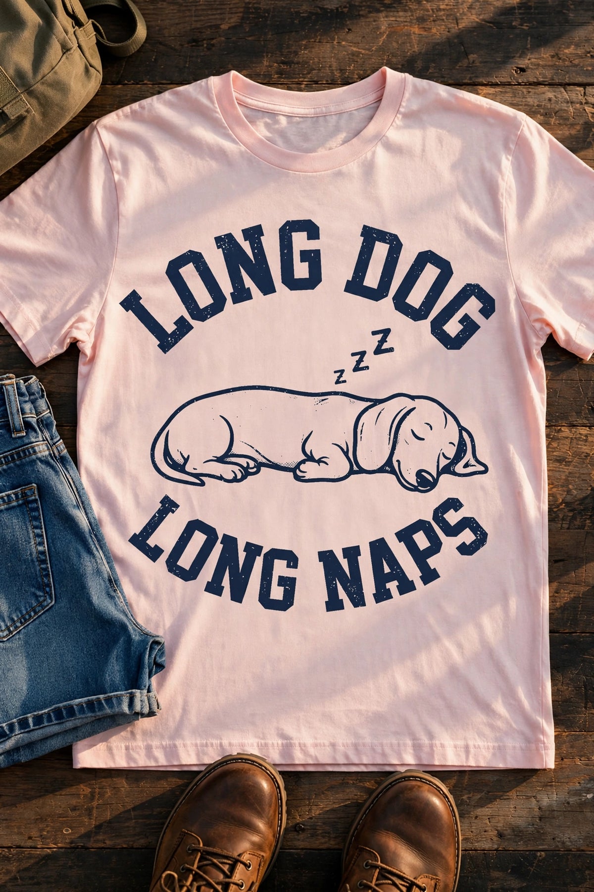 Long Dog, Long Naps Dachshund Tee – Soft Pink