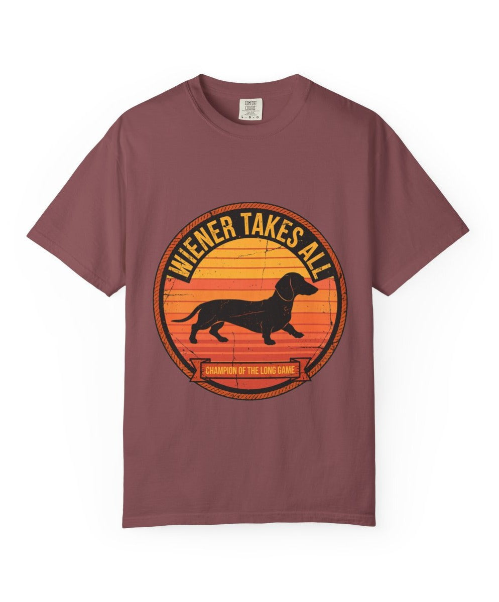 Dachshund Wiener Takes All Tee mockup - Brick