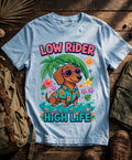 Low Rider, High Life tropical dachshund tee in Baby Blue