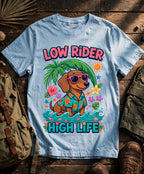Low Rider, High Life tropical dachshund tee in Baby Blue