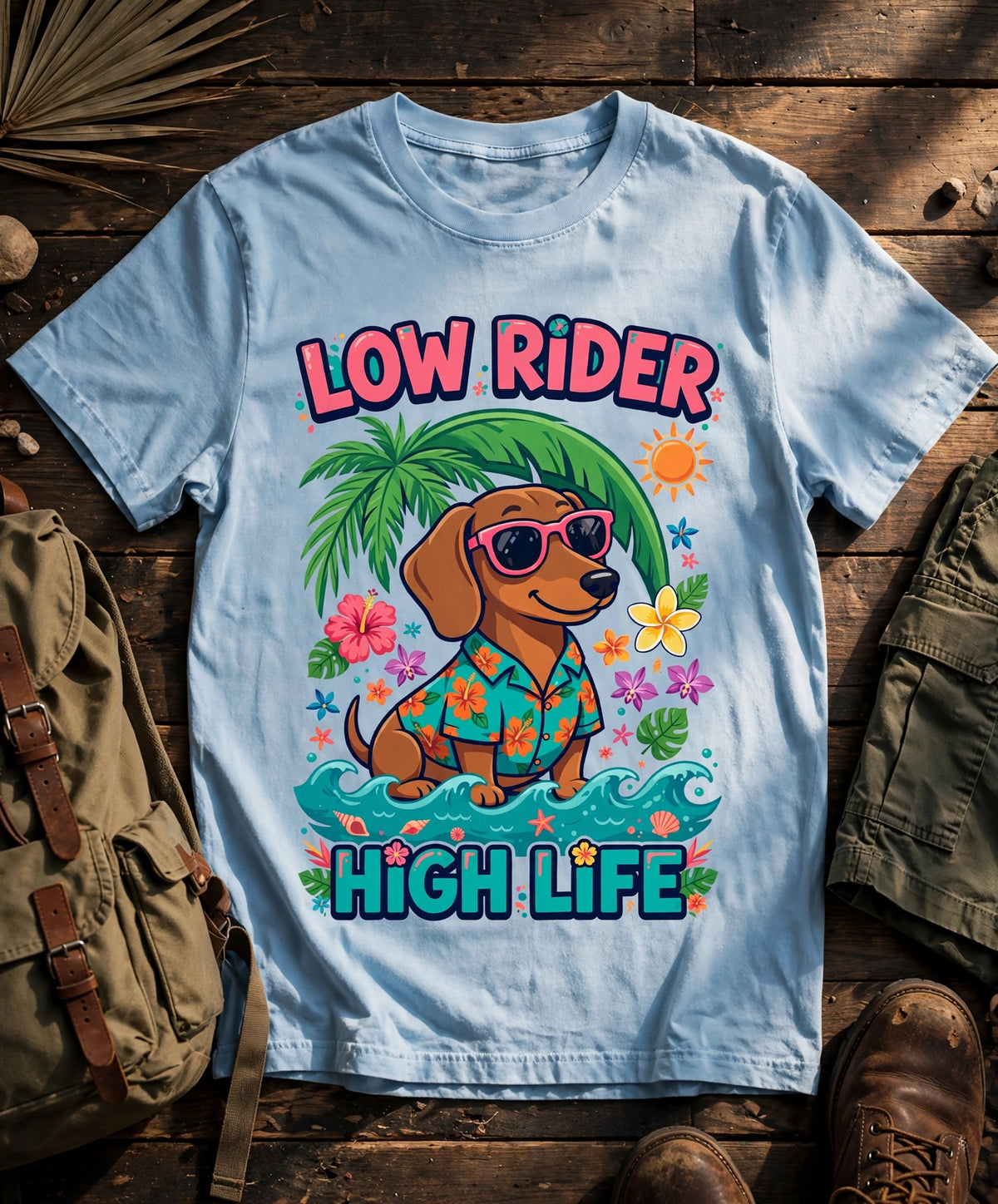 Low Rider, High Life tropical dachshund tee in Baby Blue