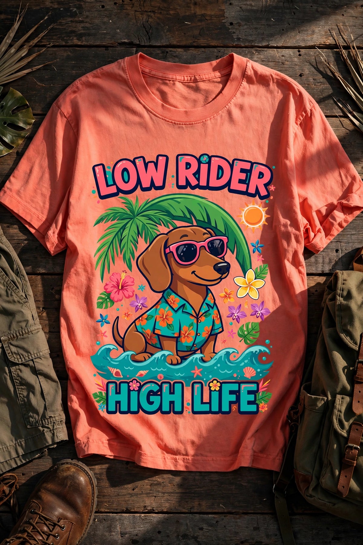 Low Rider, High Life tropical dachshund tee in Coral