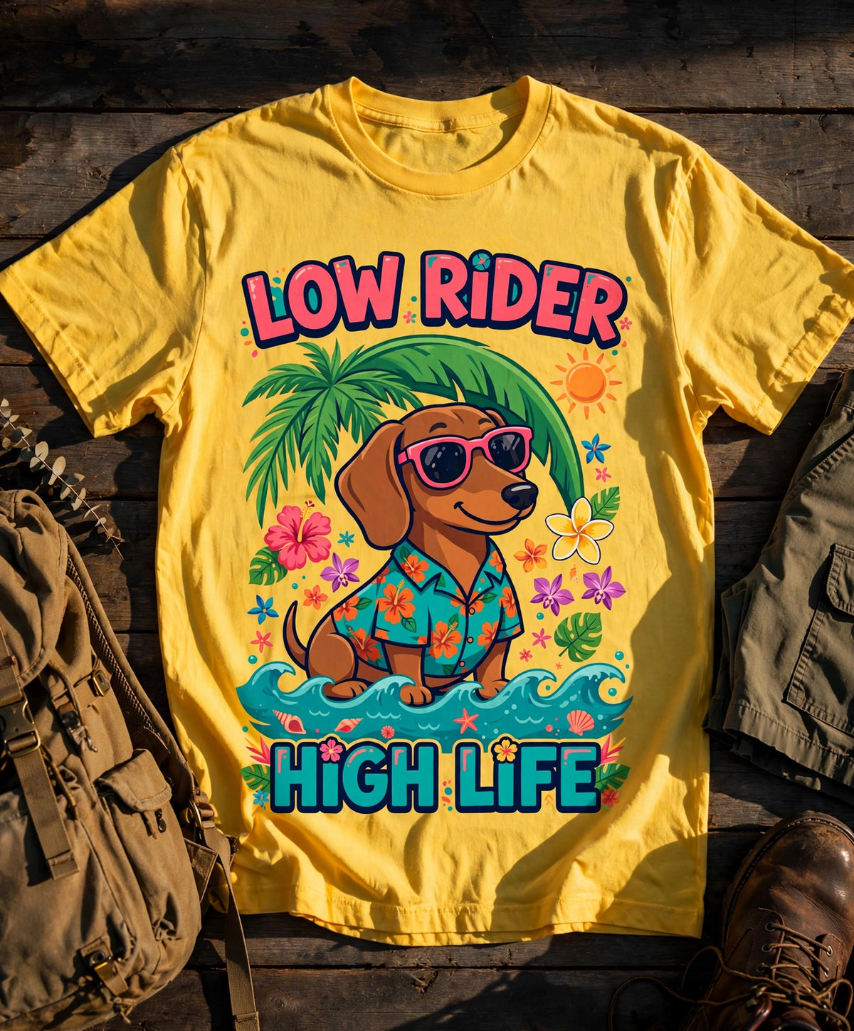 Dachshund Low Rider, High Life Tropical Tee — Comfort Colors fabric detail