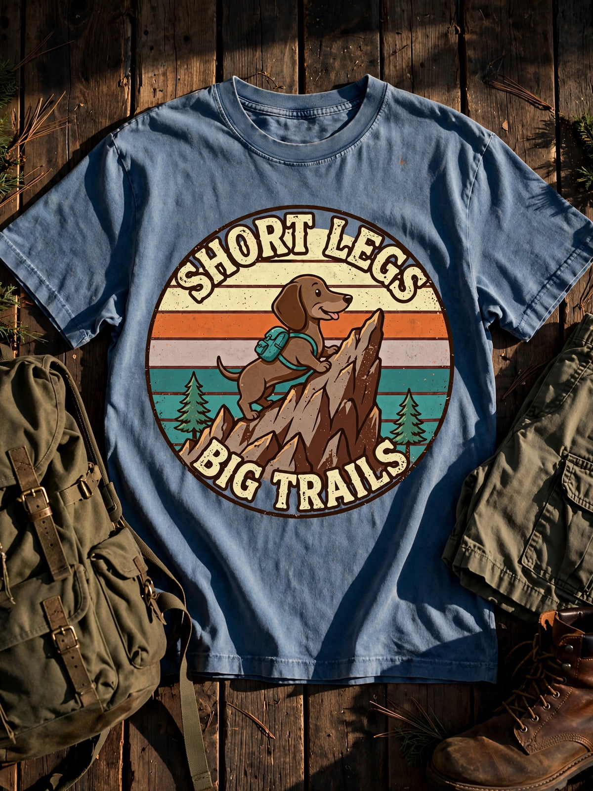 Short Legs, Big Trails Dachshund Tee in Blue Jean