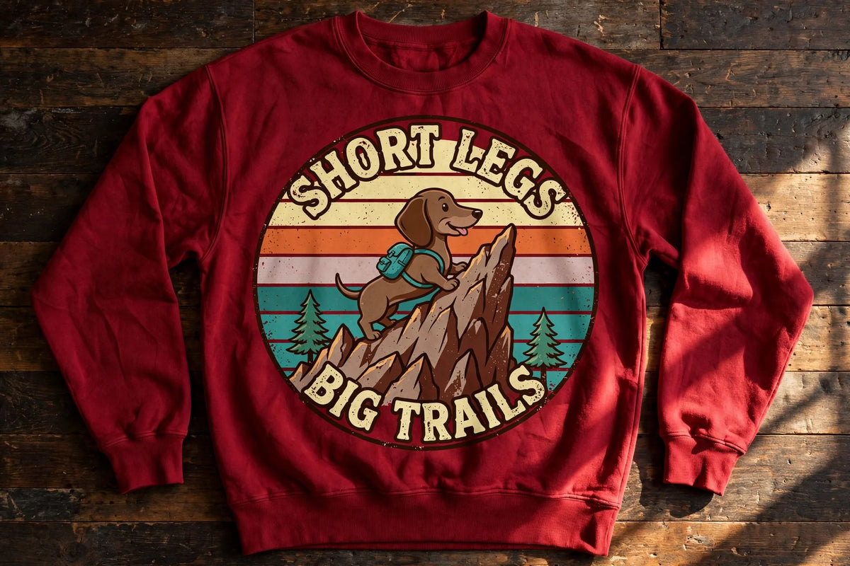 Dachshund Short Legs, Big Trails Sweatshirt — Retro Sunset Badge