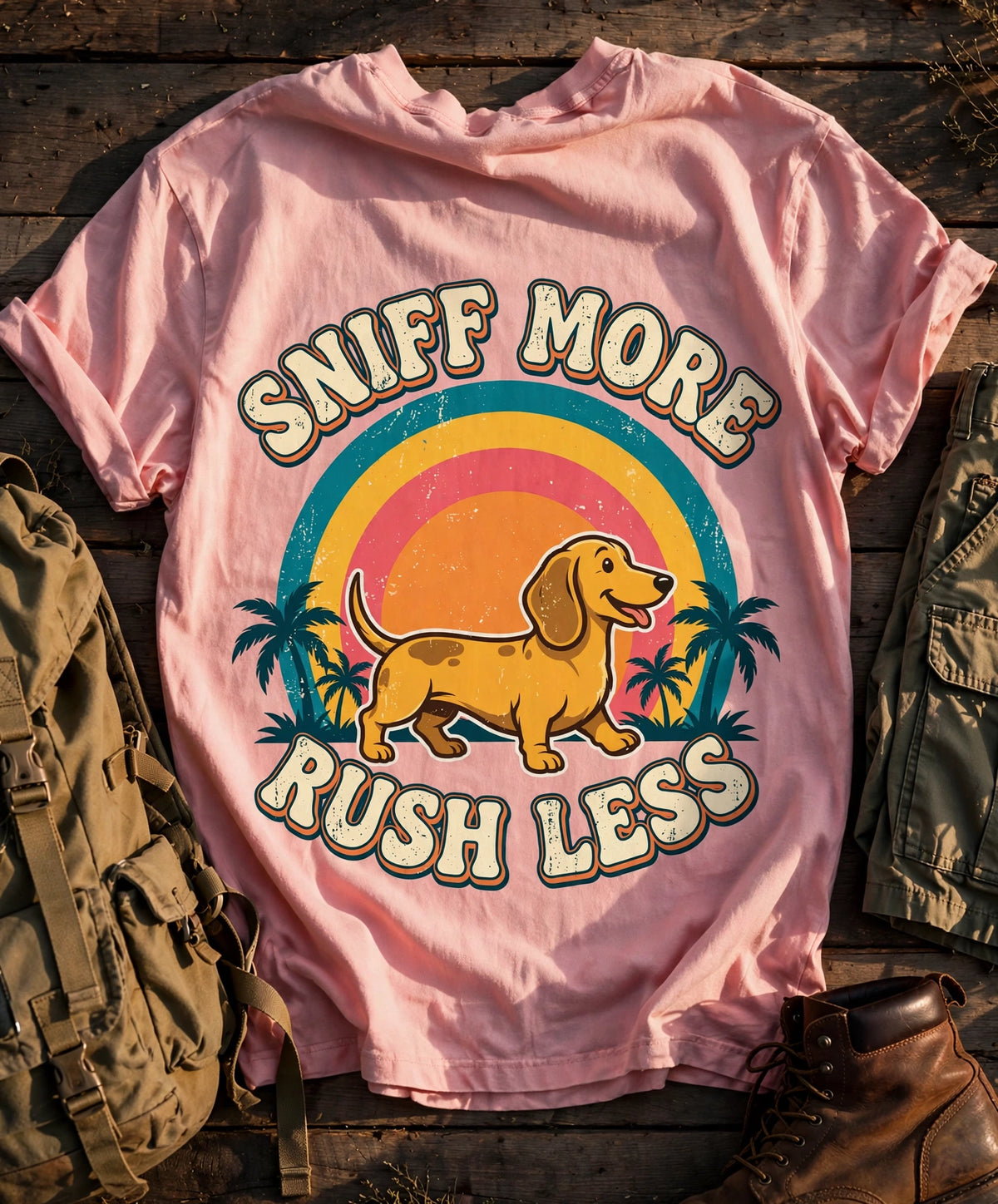 Sniff More, Rush Less dachshund tee in Soft Pink
