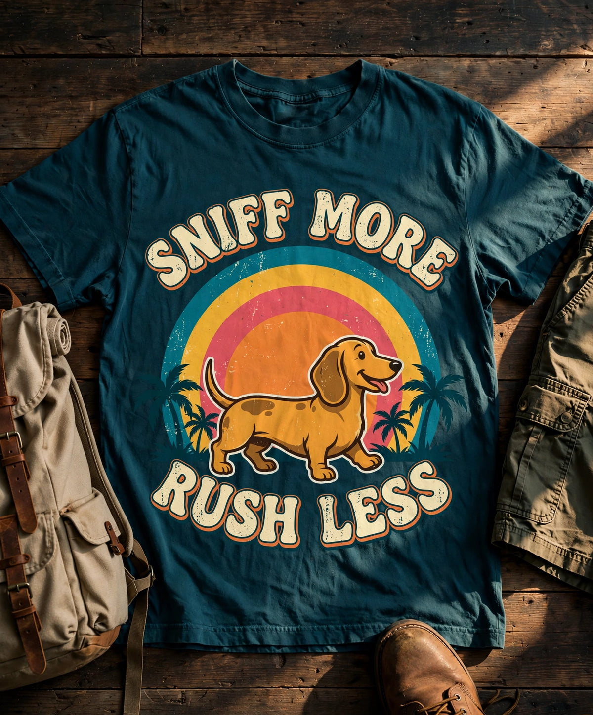 Sniff More, Rush Less dachshund tee in Teal